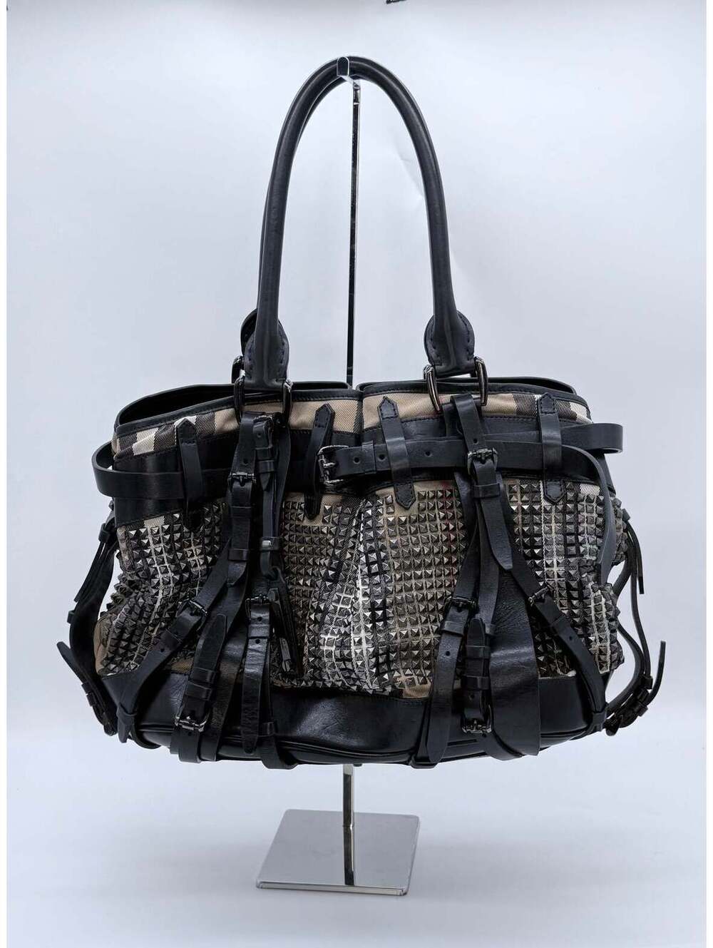 Burberry Prorsum Studded Nova Check Buckle Tote Bag – Black Leather & Canvas - Picture 3 of 8